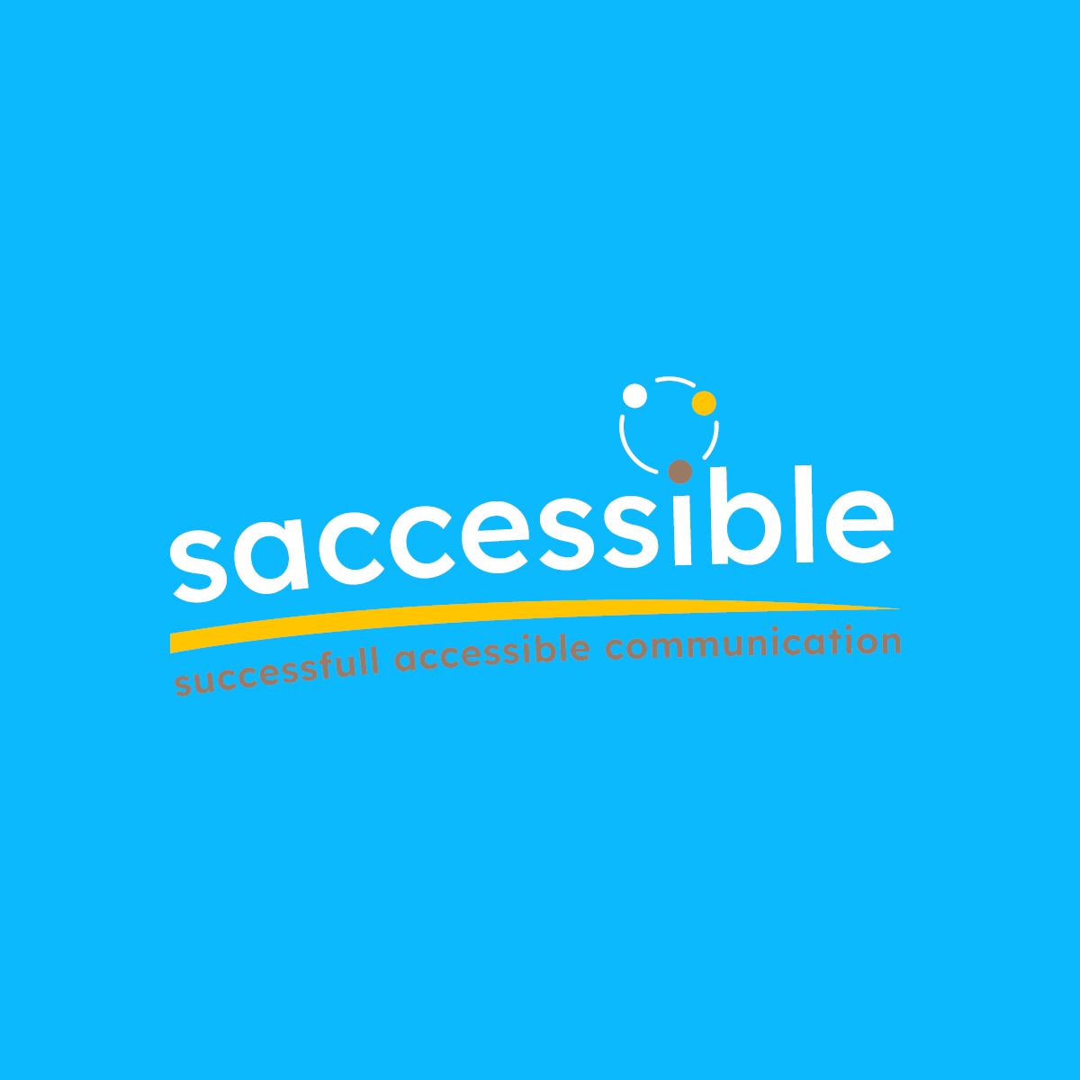 The logo of saccessible features the company name in blue. Above the letter "i," three dots in yellow, blue, and brown, combined with blue lines, form a circle. Below the name, a symbolic ramp in yellow, and below the words "successful accessible communication" in brown.