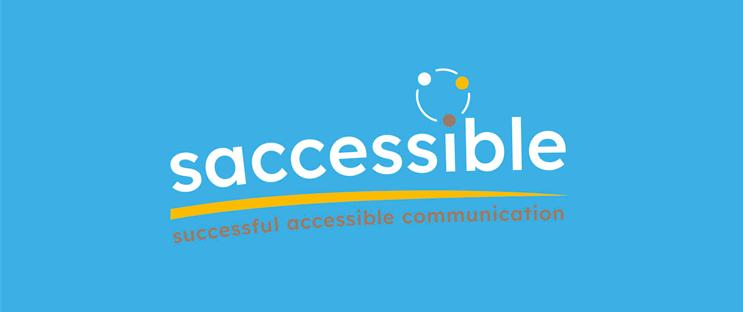 The logo of saccessible features the name in blue. Above the letter "i," three dots in yellow, blue, and brown, combined with blue lines, form a circle. Below the name, a ramp is suggested in yellow, and below that, the words "successful accessible communication" are written in brown.